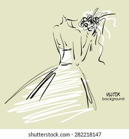 art sketch #8 of beautiful young  bride in while dress with the bride's bouquet. Vector background with space for text.