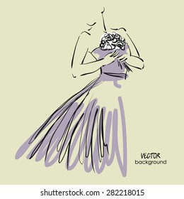 art sketch #9 of beautiful young  bride in lilac dress with the bride's bouquet. Vector background with space for text.