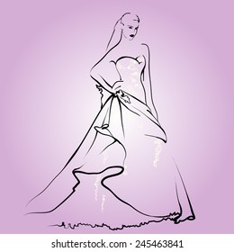 Art sketch of beautiful bride. Vector background with space for text.