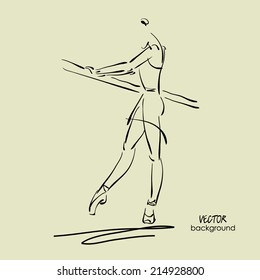 art sketch of beautiful young ballerina in class at ballet barre. Vector.