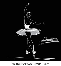 art sketch of beautiful young ballerina bow to the audience after the performance; white tutu, ballet shoes, ballet dancer; white drawing isolated vector on black