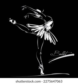 art sketch of beautiful young ballerina in dancer pose; white tutu, ballet shoes, ballet dancer; white drawing isolated vector on black