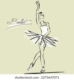 art sketch of beautiful young ballerina bow to the audience after the performance; white tutu, ballet shoes, ballet dancer; drawing isolated vector, black and white