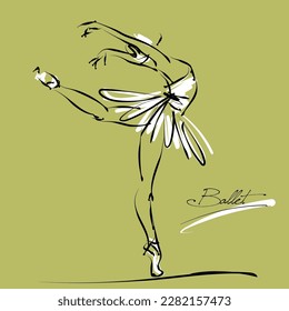 art sketch of beautiful young ballerina in dancer pose; white tutu, ballet shoes, ballet dancer; black and white drawing isolated vector