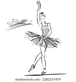 art sketch of beautiful young ballerina bow to the audience after the performance; white tutu, ballet shoes, ballet dancer; black drawing isolated vector on white