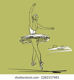 boceto artístico de una bella bailarina joven se inclinará ante la audiencia después de la actuación; tutu blanco, zapatillas de ballet, bailarina de ballet; vector aislado