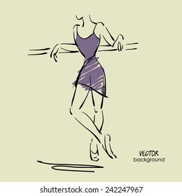 Art Sketch Of Beautiful Young Ballerina In Class At Ballet Barre. Vector.