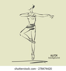 art sketch of beautiful young ballerina in tights in ballet pose in class. Vector illustration