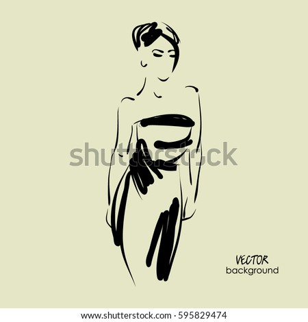 art sketch of  beautiful young  model in cocktail dress. Vector background with space for text. Fashion, style, model. Graphic, freehand drawing. Sexy woman. Party, wedding, bride.