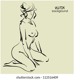 art sketch of beautiful young naked kneeling sexy woman, vector