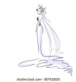 Art sketch of elegant young bride with a bride's bouquet. Standing girl at full length. Sketchy background with space for text. Wedding or fashion theme.