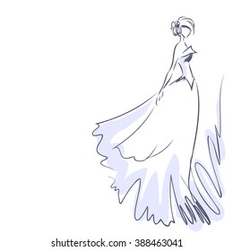 Art sketch of elegant young bride with the bride's bouquet. Standing girl at full length. Sketchy background with space for text. Hand vector card drawing by lines. Wedding or fashion themes.