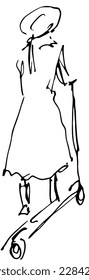 Art sketch of a girl dressed in a dress with long hair and a hat, speeding away on a scooter