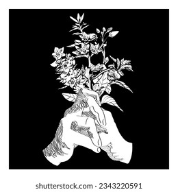 art sketch hands holding a 
loosestrife, moneywort. black and white  minimalistic illustration with flowers