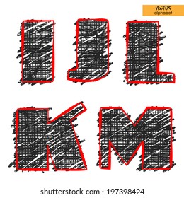 boceto artístico conjunto de tipos de letra vectoriales, símbolos mayúsculas, letras I, J, K, L, M