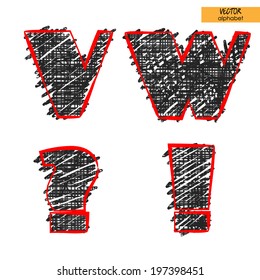 art sketch set of vector character fonts, uppercase symbols, letters V, W, question or exclamation mark