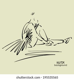 art sketch of sitting on floor of studio and tying up pointe shoes beautiful young ballerina in tutu. Vector.