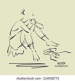 art sketch of sitting on floor and resting beautiful young ballerina in dress. Vector.