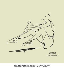 art sketch of sitting on floor and tying up pointe shoes beautiful young ballerina in dress. Vector.