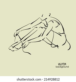 art sketch of sitting on floor and tying up pointe shoes beautiful young ballerina in dress. Vector.