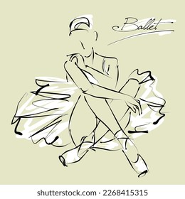 art sketch of sitting on floor and resting beautiful young ballerina in white tutu; ballet shoes, dancer; drawing isolated vector