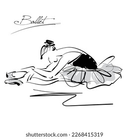 art sketch of sitting on floor and resting beautiful young ballerina in white tutu; ballet shoes, dancer; drawing isolated vector on white