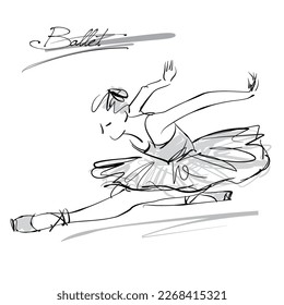 art sketch of sitting on floor beautiful young ballerina in dance pose, in white tutu; ballet shoes, dancer; black drawing isolated vector on white