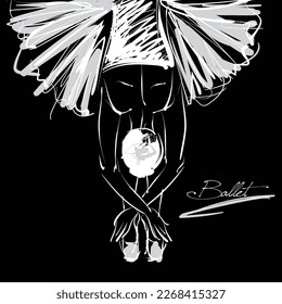 art sketch of sitting on floor and resting beautiful young ballerina in white tutu; ballet shoes, dancer; drawing isolated vector on black