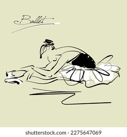 boceto artístico de sentarse en el suelo y descansar en una hermosa bailarina joven de tutu blanco; zapatillas de ballet, bailarina; vector aislado