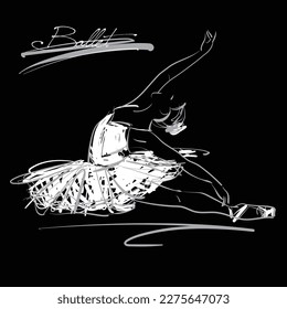 boceto de arte sentado en el piso de una bella bailarina joven en pose de baile, en tutu blanco; zapatillas de ballet, bailarina;  dibujo blanco vector aislado en negro