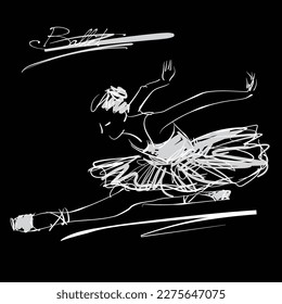 art sketch of sitting on floor beautiful young ballerina in dance pose, in white tutu; ballet shoes, dancer; white drawing isolated vector on black
