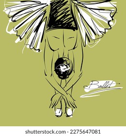 art sketch of sitting on floor and resting beautiful young ballerina in white tutu; ballet shoes, dancer; drawing isolated vector
