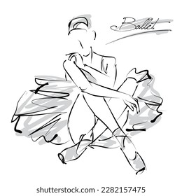 art sketch of sitting on floor and resting beautiful young ballerina in white tutu; ballet shoes, dancer; drawing isolated vector on white