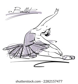 art sketch of sitting on floor beautiful young ballerina in dance pose, in white tutu; ballet shoes, dancer; black drawing isolated vector on white