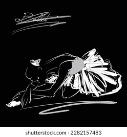 art sketch of sitting on floor and resting beautiful young ballerina in white tutu; ballet shoes, dancer; drawing isolated vector on black