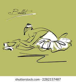 art sketch of sitting on floor and resting beautiful young ballerina in white tutu; ballet shoes, dancer; drawing isolated vector