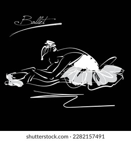 art sketch of sitting on floor and resting beautiful young ballerina in white tutu; ballet shoes, dancer; drawing isolated vector on black