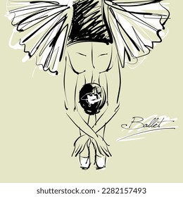 boceto artístico de sentarse en el suelo y descansar en una hermosa bailarina joven de tutu blanco; zapatillas de ballet, bailarina; vector aislado