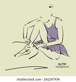 art sketch of sitting on floor and tying up pointe shoes beautiful young ballerina in dress. Vector.
