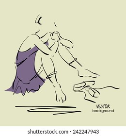 art sketch of sitting on floor and resting beautiful young ballerina in dress. Vector.