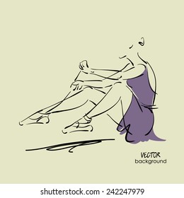 art sketch of sitting on floor and tying up pointe shoes beautiful young ballerina in dress. Vector.