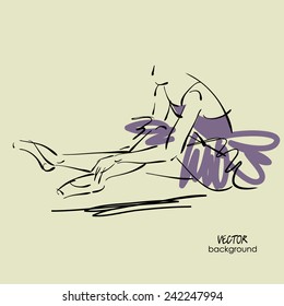 art sketch of sitting on floor and tying up pointe shoes beautiful young ballerina in tutu. Vector.
