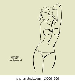 art sketch of standing yong beautiful sexy woman in bikini