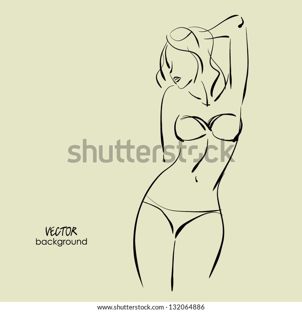 art sketch of standing yong beautiful sexy woman in bikini.