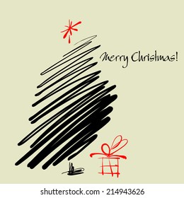 art sketch vector Christmas tree with gift box and space for text