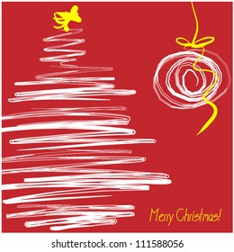 art sketch vector christmas white tree and ball on red background with space for text