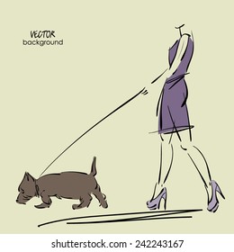 art sketch walking beautiful young women in dress with  Scottish terrier