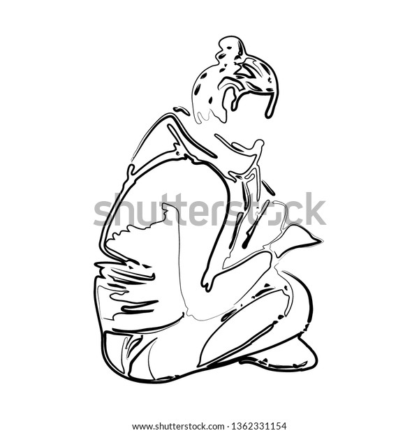 Art Sketch Young Girl Sitting Pursed Stock Vector Royalty