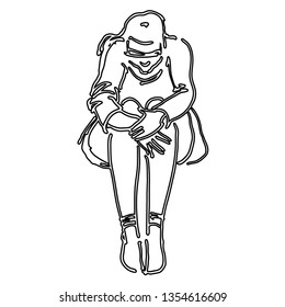 Art sketch. A young woman sits with her arms wrapped around her knees. A girl practices yoga. Isolated vector illustration Black on white.