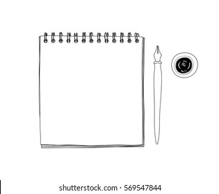 art sketchbook Mockup  blank paper and Vintage Dip Ink Nib Pen  hand drawn vector line art  illustration